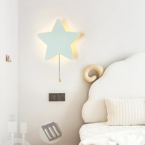 LED Infantiles Apliques de Pared Interior con Interruptor Tirado Lámpara de Pared USB Recargable Iluminación de Pared 2700K/4500K/6500K para Dormitorio Habitación Infantil (E,Luz Cálida)