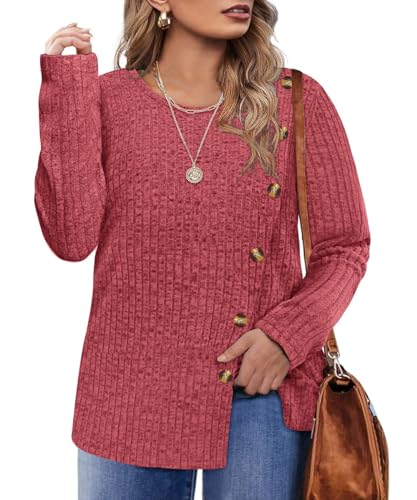 Image of RITERA Plus Size Sweater, Ribbed Long Sleeve Solid Top for Women | Soft vertical ribbed knit, modest V neck, loose long sleeves, curved swing hem, slimming casual layering top for curvy women