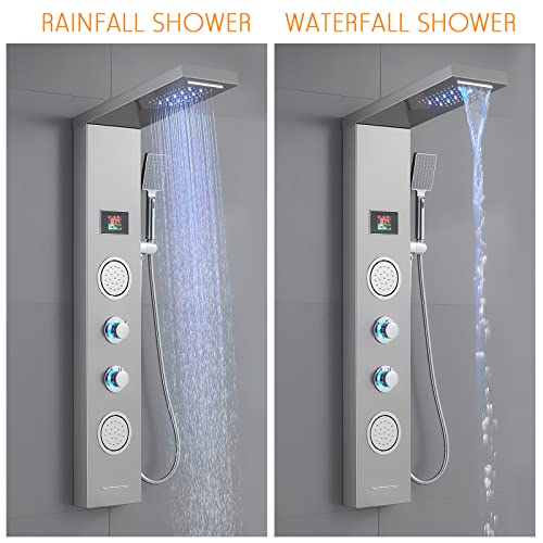 Rovate Shower Panel Tower System With Led Rainfall Waterfall Shower Head, 5-In-1 Led Stainless Steel Shower Panel System With Body Massage Jets, Handheld Shower And Tub Spout, Brushed Finish #TOP5