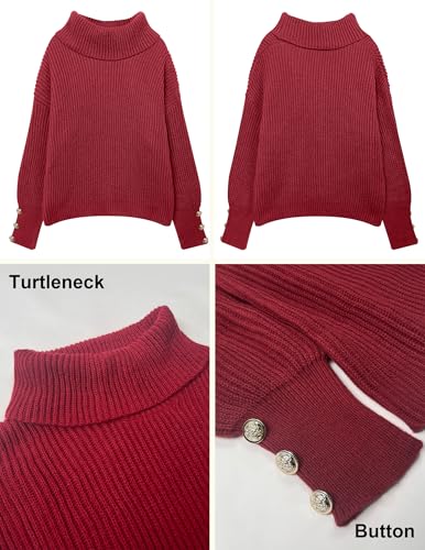 Image of Libsorge Women's Dressy Oversized Turtleneck Sweaters Fall 2024 Casual Winter Ribbed Knit Button Long Sleeve Pullover Sweater Red L