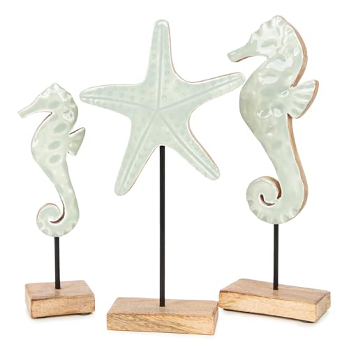 Logbuch-Verlag Figuras decorativas marítimas de madera, juego de 3 unidades, caballito de mar + estrella de mar, color verde menta, decoración de baño de verano, 19-28 cm