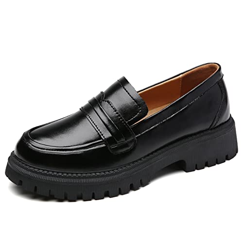 Image of Loafers for Women Black Leather Womens Loafers & Slip-Ons Chunky Penny Platform Classic Loafer Shoes Ladies Work Comfortable Business Casual Dressy Shoes