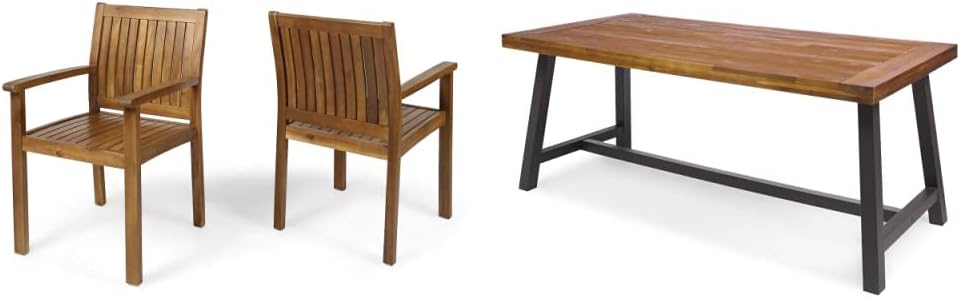 Christopher Knight Home Teague Outdoor Acacia Wood Dining Chairs (Set of 2) Carlisle Outdoor Dining Table with Iron Legs