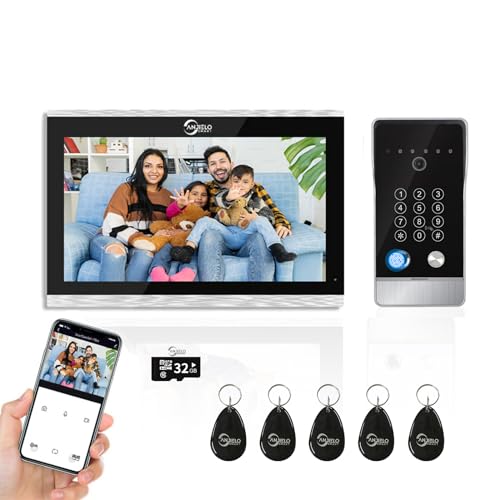 ANJIELO SMART Tuya Video Doorbell Apartment Intercom System,WiFi 10 Inch Touch Screen Monitor with Wired 1080P doorbell, 5 in 1 Unlock, Support Fingerprints, RFID Cards, Passwords,for Home Villa