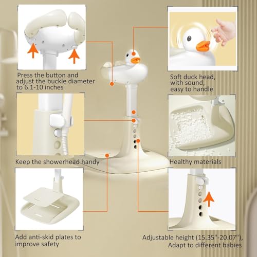 Image of ZYNTO Baby Shower Bath Stand with Adjustable Height, Non-Slip Base, Huggable Duckling, Baby Standing Bath with Cartoon Duck Safe Design Easy to Use Durable, Foldable Compact Aid for 6-36 Month Kids.