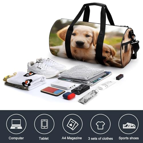 Cylindrical Gym Bag,Cute Golden Retriever Puppy Sports Gym Bag,Workout Bags,travel Weekender Bag,Duffle Travel Bag for Men Women4