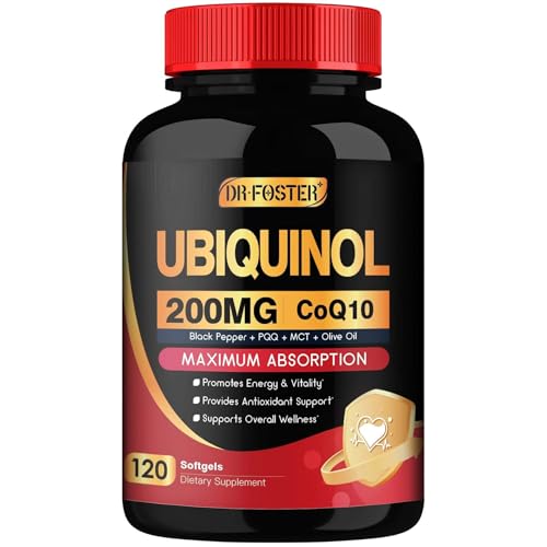 DRFOSTER Coq10 Ubiquinol 200mg Coq10 200mg Softgels Max Absorption Ubiquinol with Vitamin E & PQQ & Black Pepper Powerful Antioxidant 120 Softgels