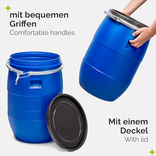 Garronda 60 Liter Deckelfass Weithalsfass aus HDPE Regenfass für Garten Fass 60l Wassertonne Futtertonne Wasserbehälter Universalfass Wasserfass Lebensmittelfass Wassertank GD-0078, Blau