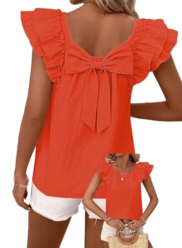 Image of Falechay Womens Bow Tie Back Tops Round Neck Ruffle Short Sleeve Shirts Cute Babydoll Chiffon Tee Women Summer Trendy Tunic
