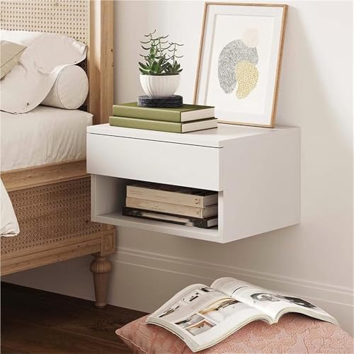 HJYBFA Mesita de Noche suspendida de Madera Maciza 1 cajón y cajón Abierto, Moderna y Sencilla, Ideal para Dormitorio y Sala de Estar (Natural)