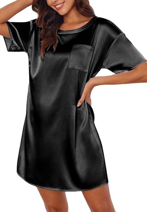 Image of Ekouaer Silky Satin Sleep Shirts for Women Nightshirt Tshirt Night Gowns | Short Sleeve Pajama Dress Round Neck Shirt Dress With Chest Pocket Cooling Nightgowns Lightweight Sleepwear