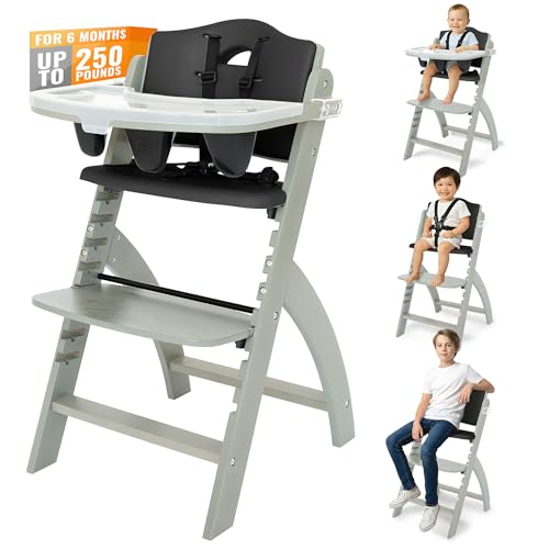 Image of Abiie Beyond Junior Wooden High Chair for Babies and Toddlers - Convertible 3-in-1 Baby Highchair with Removable Tray - 6 Months to 250 Lb - Water Resistant - Misty Grey Wood with Black Pearl Cushion