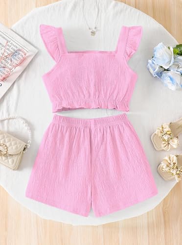 Image of Girl's Summer Clothing Sets Knit Ruffle Striped T-Shirt and Shorts 2 Piece Outfits