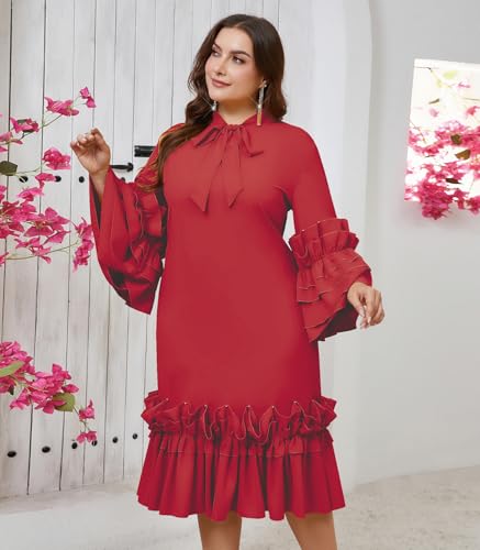 Image of dasmzper Women's Plus Size Midi Dress Ruffle Sleeve Bow Tie Neck Casual A line Swing Midi Dresses