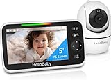 HelloBaby Babyfoon met Camera en Nachtzicht, 5 '' Display met 30 uur Batterij, Pan-Tilt-Zoom Video Babyfoon Geen WiFi, 2-Weg Gesprek, Temperatuur, 8 Slaapliedjes en 300 m Bereik