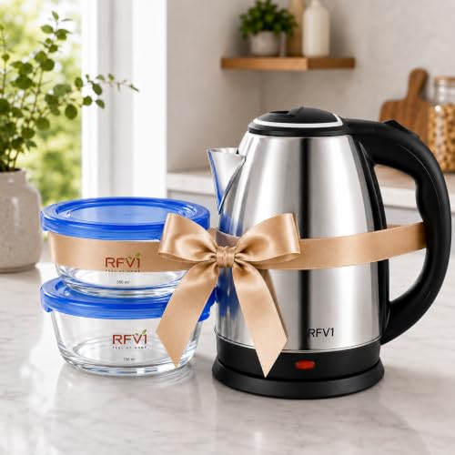 Image of 3-Piece Kitchen Combo Set | 2 Litre Stainless Steel Electric Kettle with Automatic Shut-Off & 360 Swivel Base | 2 x 350 ml Glass Bowls with Airtight Lids BEST FOR DIWALIGIFTING