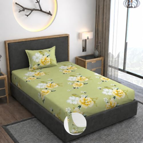Image of Vaini Premium Heavy Cotton Elastic Fitted Bedsheets with 1 King Size Pillow Covers || Single Bed with All Around Elastic 350 TC || 36 x 78 x 6 Inch Single Size Fitted || :- Light Green Flower