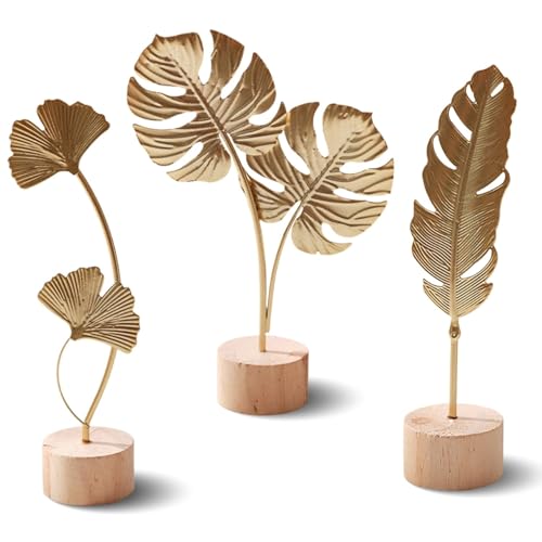 Lot de 3 statues décoratives en feuille de ginkgo - Avec socle en bois - Décoration de table moderne pour salon, chambre à coucher, bureau - Décoration de...