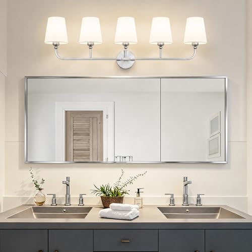 Image of Bathroom Vanity Light Brushed Nickel Bathroom Lighting Fixtures Over Mirror | 5-Light Bathroom Light Fixtures with Flared White Fabric Shade, E26 Socket (ETL Listed)