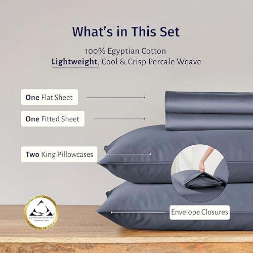 California Design Den King Sheet Set - Certified 100% Egyptian Cotton Percale Sheets King with Deep Pockets, Lightweight & Crisp, Cool & Durable Luxury Bedding Set - Mineral Blue