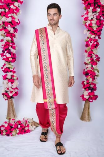 Image of Rameshwaram Fabrics Readymade Dhoti for Men, Velcro Style Stitched Mens Silk Dhoti Pant with Stole Set