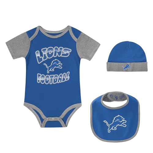 Outerstuff Newborn Detroit Lions Tag Team Bodysuit Bib & Cuffed Knit Hat Set