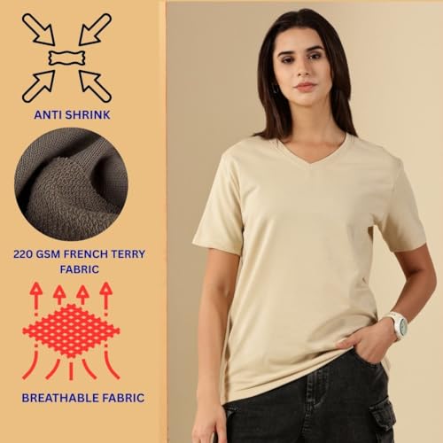 Image of Women's Pure Cotton Relaxed Fit V-Neck Half Sleeve T-Shirt | Gym Wear Casual Look T-Shirt | Regular Fitting with Comfort Wear for Women