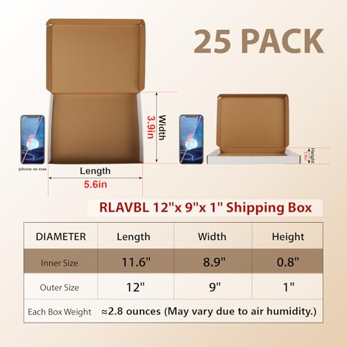 Image of RLAVBL 12x9x1 Shipping Boxes Set of 25, White Corrugated Cardboard Box for Packing, Mailing, Business