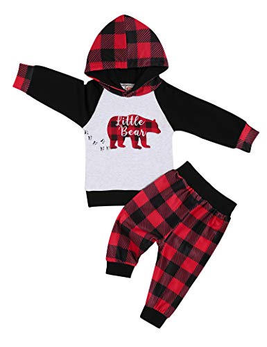 Toddler Infant Baby Boy Clothes Red Plaid Baby Bear Hoodie Sweatshirt Pant Boys Fall Winter Outfits Set 0-6 Months