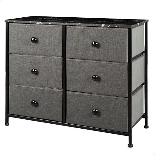 AKTIVE Max Home Cómoda dormitorio multiusos, 6 cajones de tela ligeros, 80x30x62 cm, Estructura acero, Tablero madera, Color gris/negro, Con sistema de nivelación, Organización, Almacenamiento (18408)