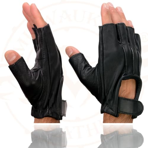 Image of Milwaukee Leather SH198 Men's Black Flame Embroidered Fingerless Gloves with Gel Palm | Padded Comfort; Vibration Relief; Flame Embroidery