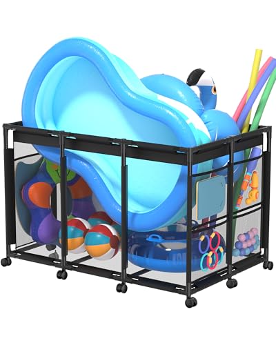 SHAPON Pool Storage Bin XX-Large, Nylon Mesh Pool Float Storage Organizer for Noodles, Goggles, Floats & Balls, Outdoor Pool Toy Storage with Rolling Cart for Swimming Equipments, Black