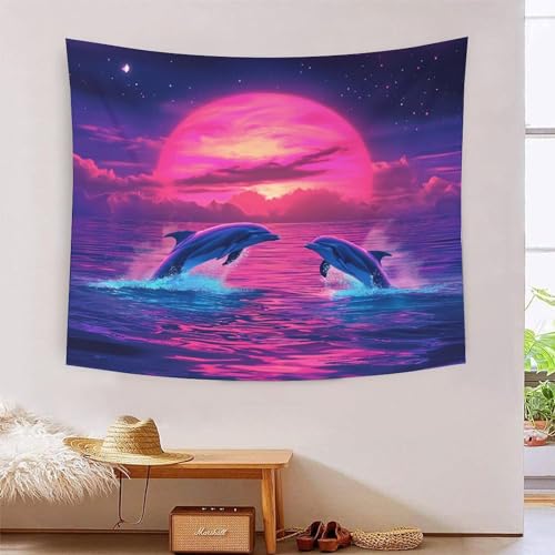 Tapisserie murale dauphins 3D grand format 180x230cm pour décoration salon et drap de plage