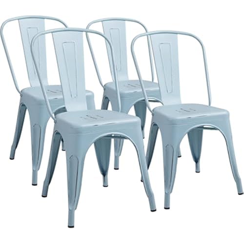 Furmax Metal Dining Chair Indoor Outdoor Use Stackable Chic Side Classic Trattoria Metal Chairs Set of 4 for Kitchen, Dining Room, Bistro and Cafe (Distressed Blue)