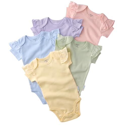 Image of Butterblu Baby Girls' Rory 5-pack Short Sleeve Ruffle Shoulder Bodysuits 100% Organic Cotton for Baby Girls