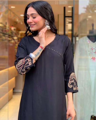Image of Women's Rayon Embroidered Straight Kurti with Pant Set