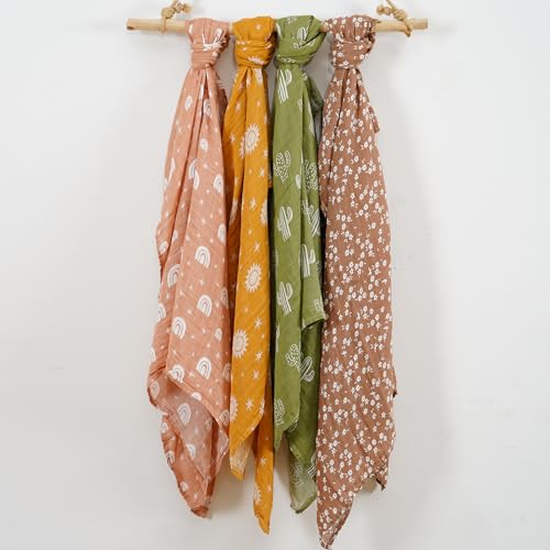 Image of 4 Set Muslin Swaddle Blankets Receiving Blanket for Newborn Baby | Boys, Girls Cute Soft Print Baby Towel Wrap 120x110cm Baby(Cactus)