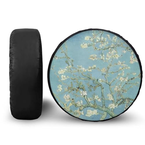 Image of Spare Tire Cover PU Leather, Waterproof Wheel Cover with Almond Blossoms in Bloom, Universal for Trailer RV SUV Truck Camper, 5 Sizes from 14-18 Inches, 18 inch Fit Tire Diameter 33 inch-34 inch