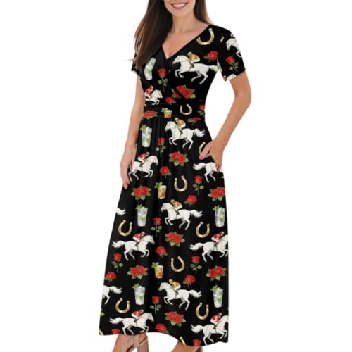 Image of Women's Fall Summer Short Sleeve Ankle Length V-Neck Party Dress with Pockets Size S-3XL