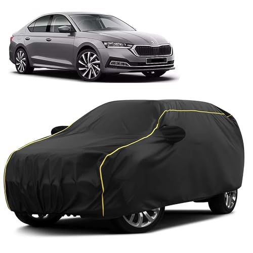 Image of Sulfar 100% Water Resistant Car Body Cover Compatible with Mirror for Skoda Octavia (Triple Stitched, Full Bottom Elastic, Black Taffeta with Yellow Piping)