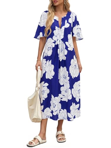 Image of Wenrine Womens Flutter Short Sleeve Maxi Dress Casual V Neck Side Slit Pleated Loose Flowy Summer Dresses