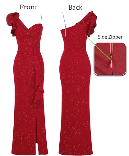 Image of VFSHOW Womens Formal Prom Elegant Ruffle One Shoulder Beaded Strap Ruched Slit Maxi Dress Wedding Evening Long Gown