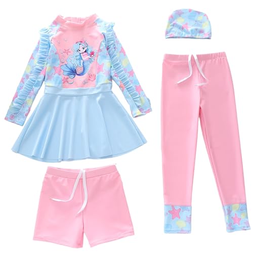 Traje de baño de Manga Larga para niñas, Traje de baño de Dos Piezas con protección Solar UPF para niños pequeños y jóvenes. (Light Blue1, 8-9 Years)
