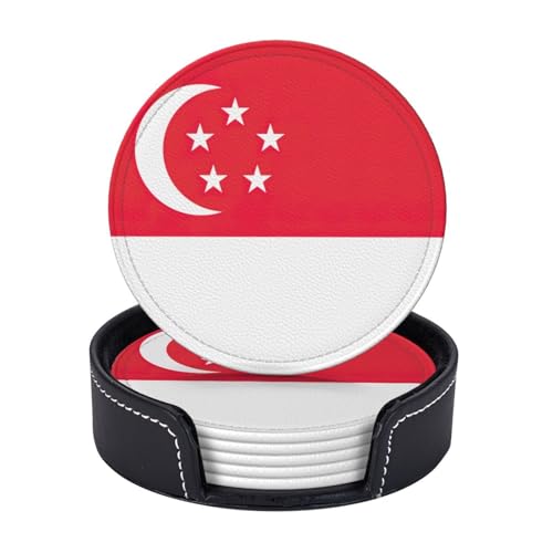 Lot de 6 sous-verres circulaires en cuir synthétique avec support, motif drapeau de Singapour