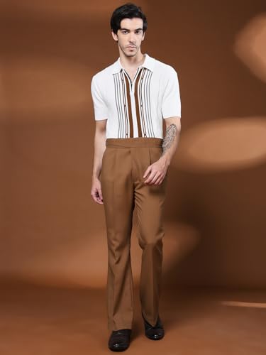 Image of Mens Beige Gurkha Pants with Classic Buckle Closure Premium Casual Bell Bottom Trousers for Men High Waist Pleated Formal & Casual Wear Pant Stylish Retro Flared Bottom Pant