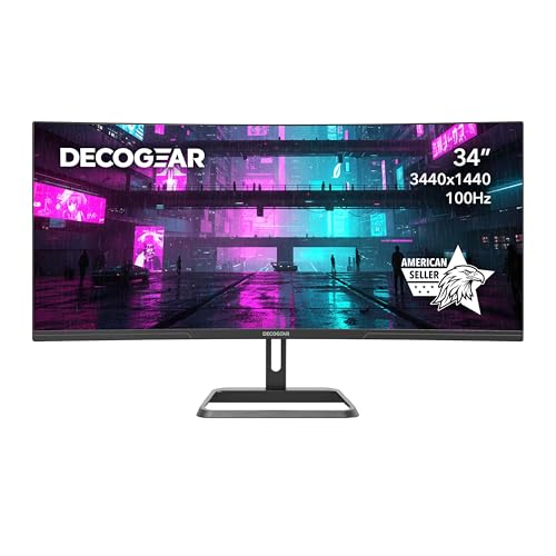 Deco Gear 34-Inch Business Curved Super UltraWide WQHD Monitor 3440 × 1440 R1500 100Hz 1ms 100% sRGB HDR 2× DisplayPort 2× HDMI Tilt Adjustable PIP/PBP Low Blue Light, American Seller