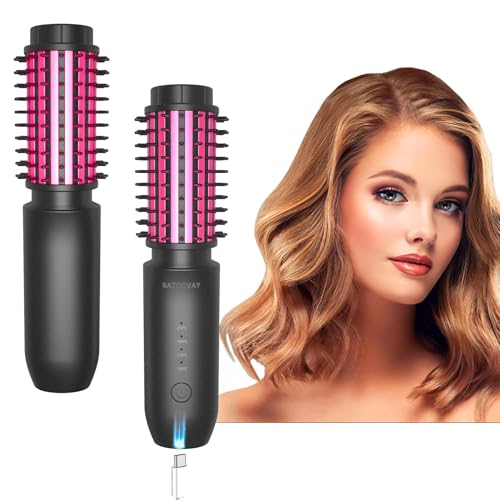 3-in-1 Cordless Curling Brush Iron & Heated Round Curling Brush & Hair Straightener Brush, Portable Rechargeable Travel Hair Curler for Women (Purple)
