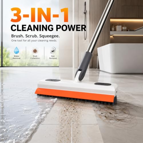 Image of Magic Broom Silicone Floor Wiper - Heavy Duty, Durable & Efficient Floor Cleaning Tool Stainless Steel Extendable Big Handle Bathroom and Kitchen Squeegee (Orange 3 in 1 Wiper)