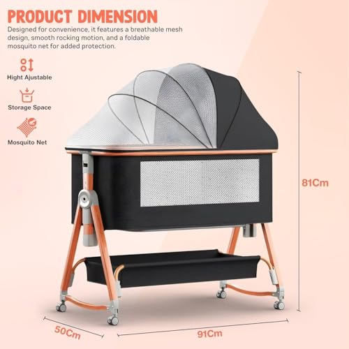 Image of BAYBEE Premium Pro Bedside Crib Cradle for Baby | Bassinet for New Born with 6 Height Adjustable & Rocking Mode | Foldable Cot with Mosquito Net & Storage | Portable Bedside Baby Cribs & Cots (Black)