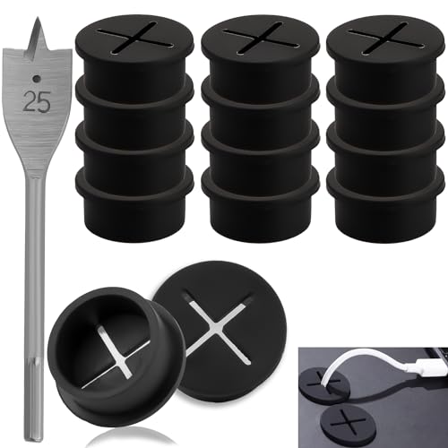 SWTYExt 12 Stück Kabeldurchlass 25mm Kabeldurchführung Schwarz Tisch Flexible Silikon Mit 1 Bohrer für Schreibtisch Schule Büro Zuhause